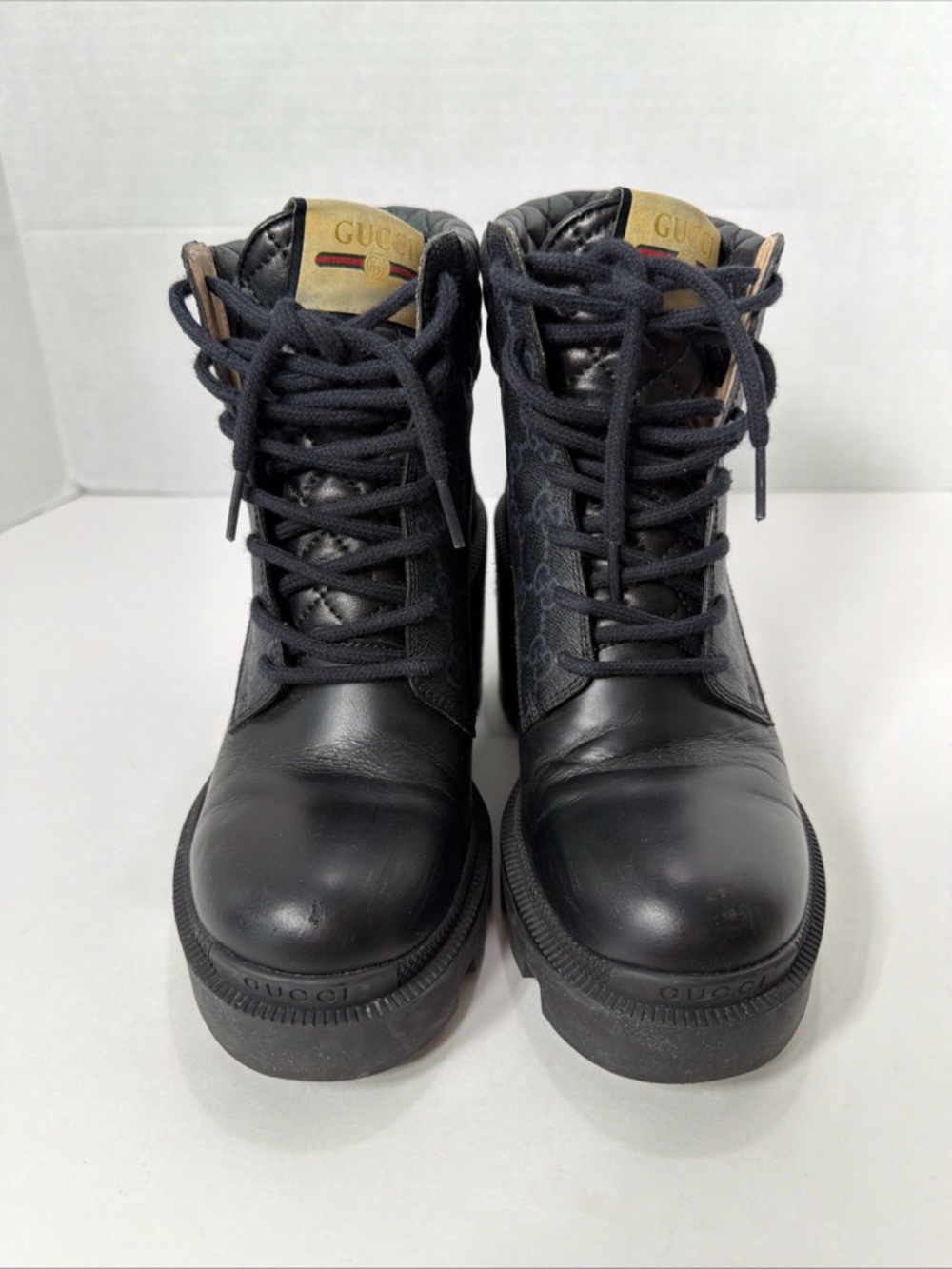 Gucci APOLLO CALFSKIN GG SUPREME NAPPA SAMOA QUILTED LACE UP ANKLE BOOTS 36.5 - Picture 7 of 16